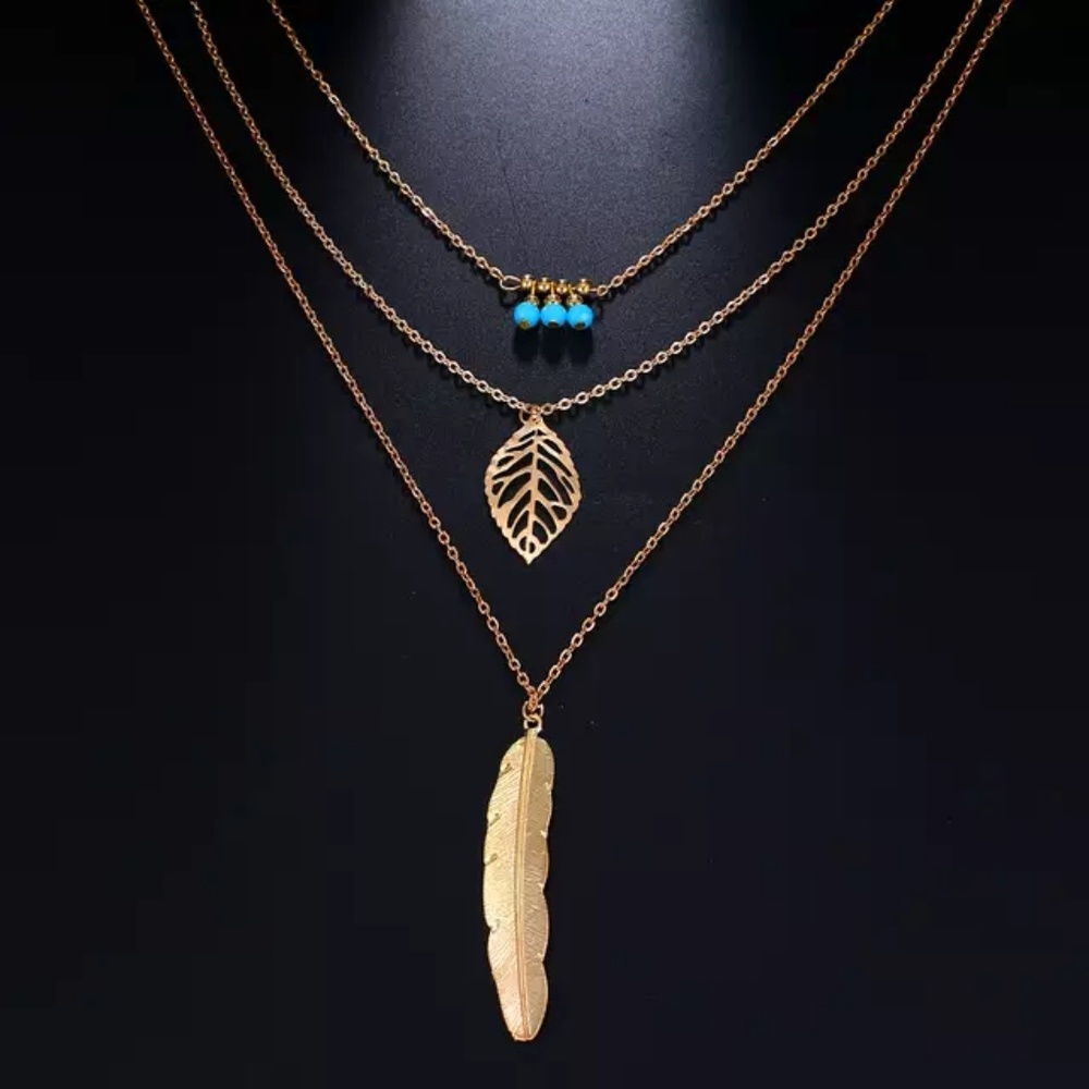 Silver Feather Boho Layered Strand Necklace - Picture 4 of 8